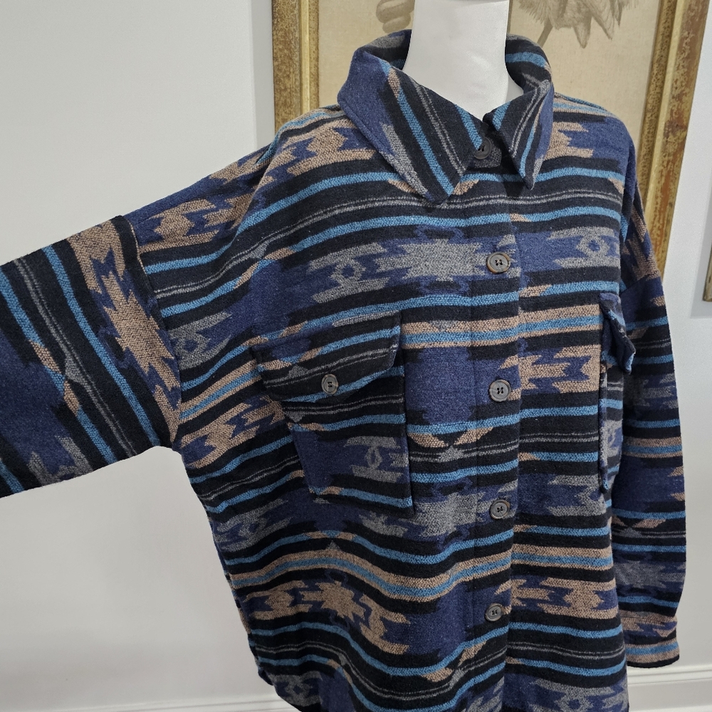 Western Aztec Blue Multicolor Pattern Shacket - Picture 3 of 11